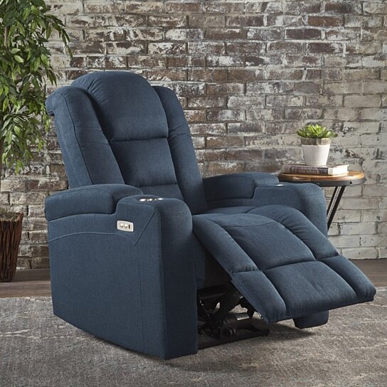 Everette Tufted Navy Blue Fabric Power Recliner with Arm Storage